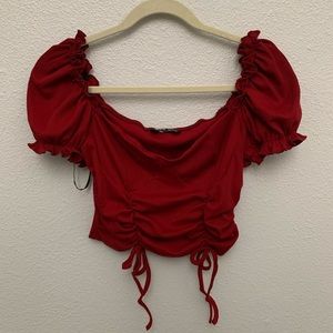 Puff sleeve drawstring knot front top